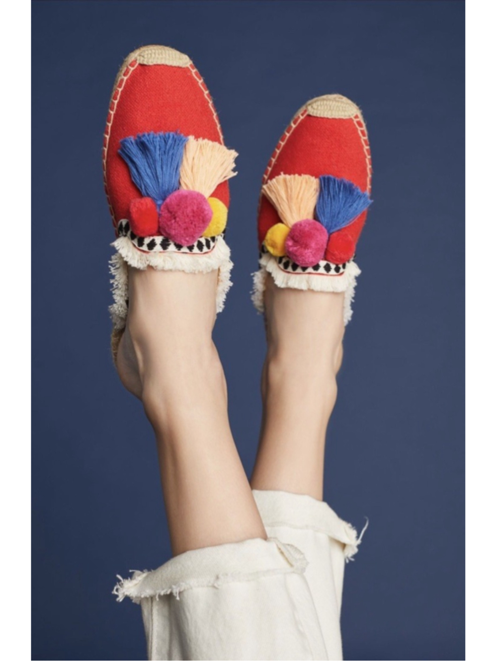 Soludos Anthropologie Pom Pom Red Espadrille Slide Sandal Tassel Mules 11